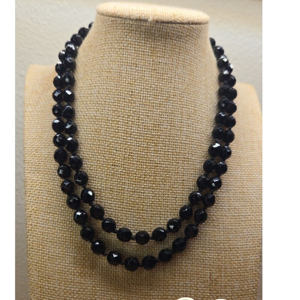 VTG Double Strand French Jet Black Glass Faceted Bead Choker Necklace 18.5"